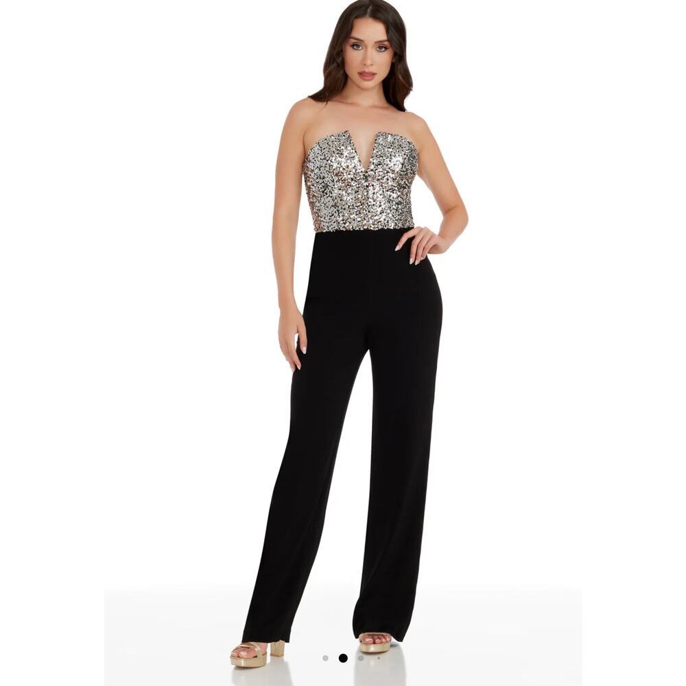 Dress the Population Fernanda Sequin Top Jumpsuit Strapless Silver/Black XL NWT